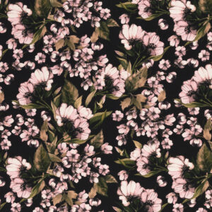 Digiprint trikotaaž - roosad lilleoksad, must