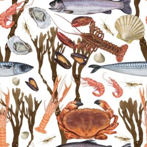 Digiprint trikotaaž - kalad ja mereloomad, valge