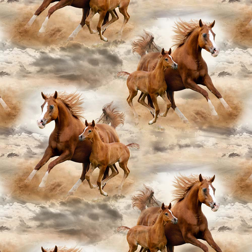 Digiprint trikotaaž - pruunid hobused liivatormis
