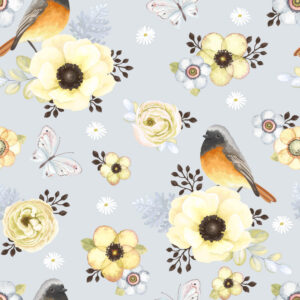 Digiprint trikotaaž - linnud ja kollased lilled hallil
