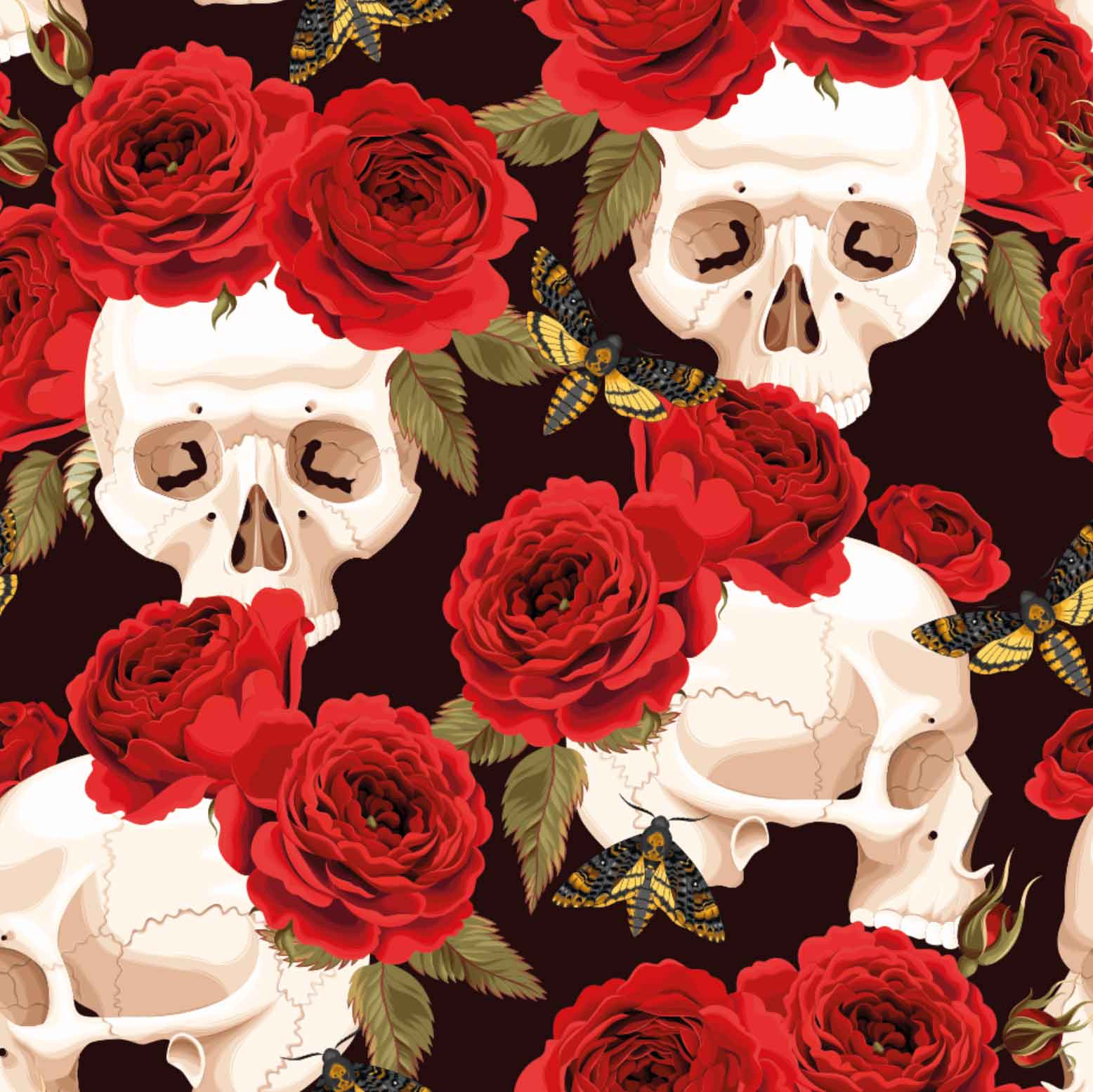 Digiprint trikotaaž punased roosid ja pealuud