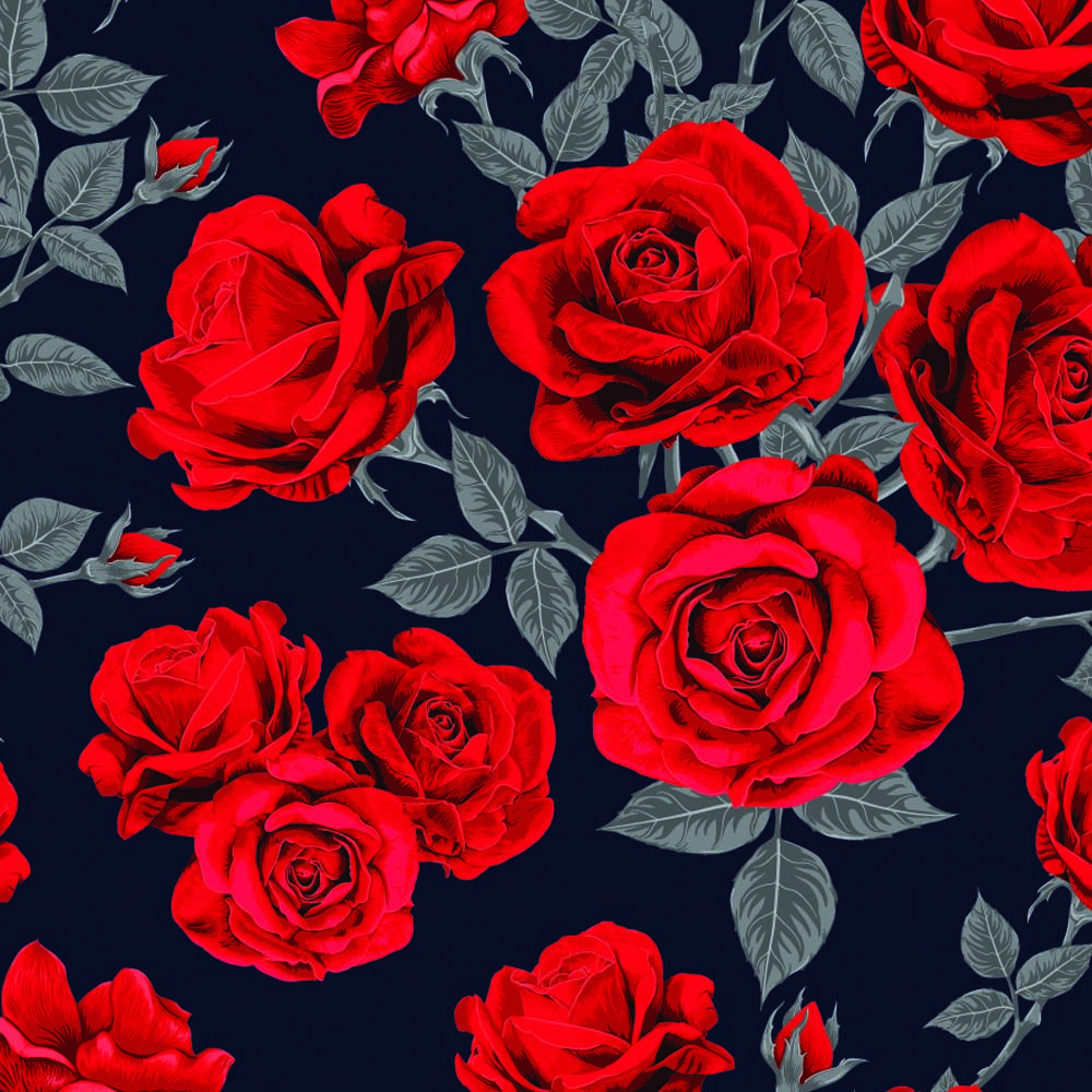 Digiprint trikotaaž - erkpunased roosid tumedal