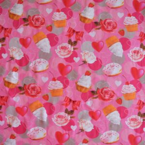 Digiprint trikotaaž - muffinid ja roosid roosal