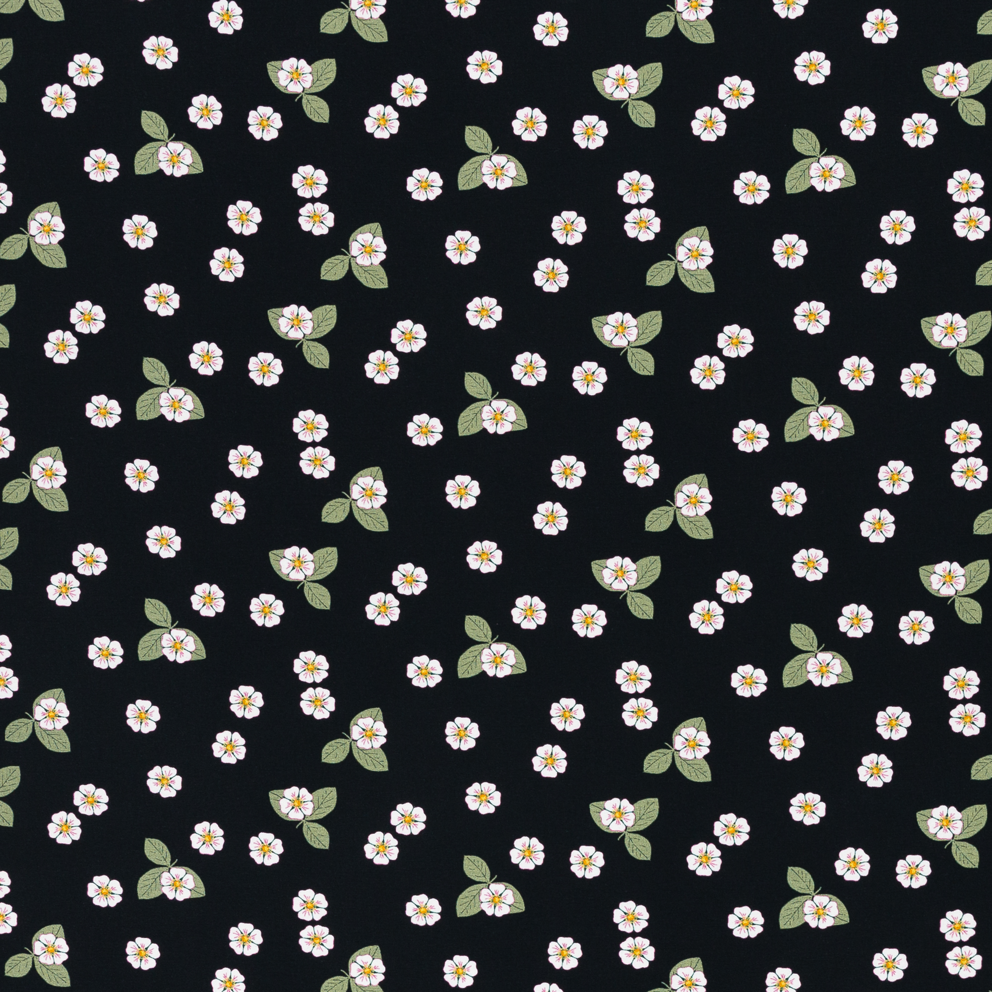 Digiprint trikotaaž - väikesed valged lilled mustal