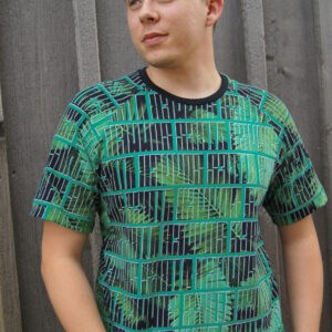 Palmilehtede mustriga digiprint trikotaaž.