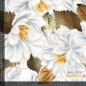 Imeilusad valged suured õied pruunikalkuldsel taustal - digiprint trikotaažkangas, mida vaadates võid ette kujutada hurmavat õievahtu!