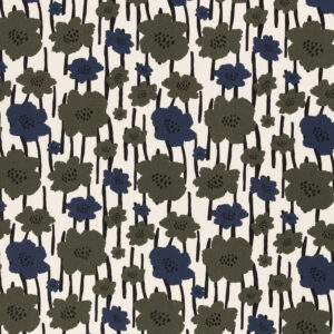 Digiprint trikotaaž - sinised ja kahkirohelised õied, jooned, loodusvalgel