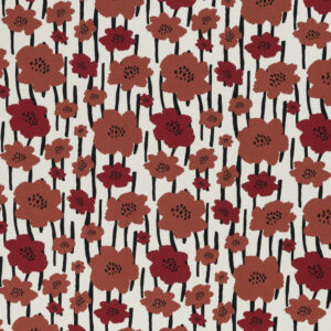 Digiprint trikotaaž - terrakota ja punased õied, jooned, loodusvalgel