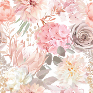 Digiprint trikotaaž - hortensiad ja astrid, valge - GOTS