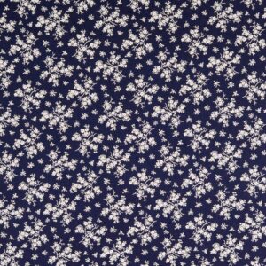 Mustriga puuvillane popliin - valged lilled tumesinisel