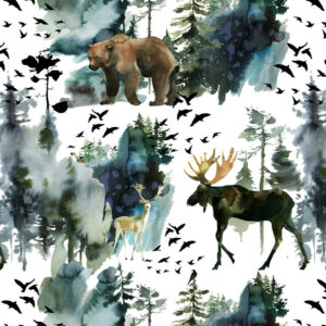 Digiprint trikotaaž - põder, karu ja teised loomad valgel