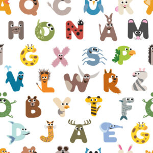 Digiprint trikotaaž - tähestik valgel - GOTS