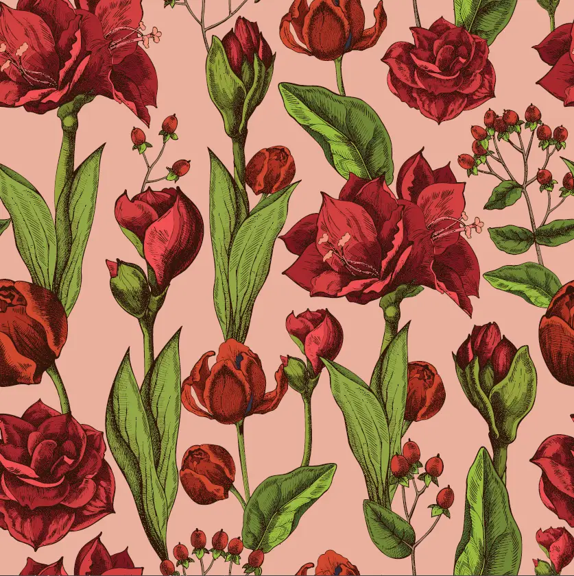 Digiprint trikotaaz. Kaunid punased ratsuritähed roosakal tausta