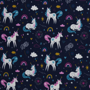 Softshellkangas värviliste ükssarvikutega tumesinisel taustal