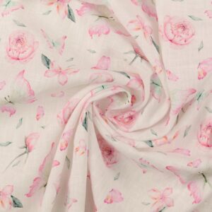 Linane kangas puuvillaga, digiprint, pehmendatud - roosad lilled ja liblikad valgel