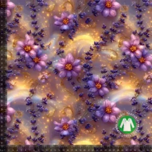 Digiprint-trikotaaz. Lillakates ja kuldsetes pruunides toonides kaunid lilleõied - silmapaistev muster ja  värvikombinatsioon!