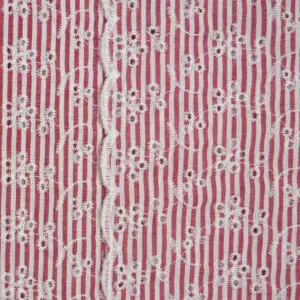 Puuvillane tikandiga kangas, broderii - triibuline, punane